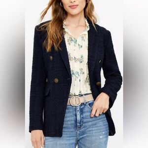 NWT-LOFT Tweed Double-Breasted Blazer in color:Navy